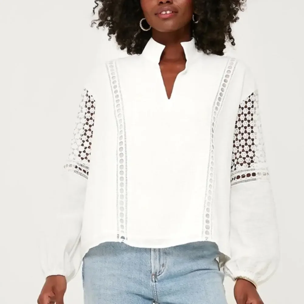 Tuckernuck White Eyelet Lace Cutout Puff Sleeve Jane Blouse Size XS
